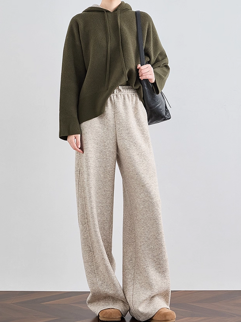 Women's Wool Wide-Leg Sweatpants – Thick Fall/Winter Gray Casual Lounge Joggers with Draped Fit