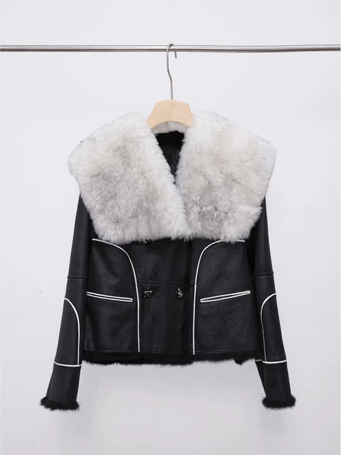 Women’s Short Shearling Suede Coat with Wool-Blend Collar | Stylish Winter Jacket