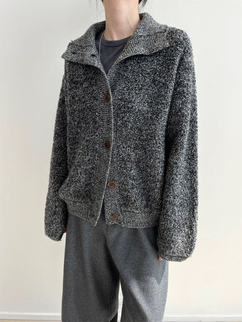 100% Wool Bouclé Knit Stand Collar Sweater Jacket for Women | Heavyweight Thick Textured Wool Cardigan