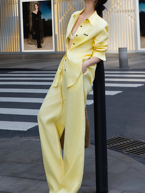 Simple Relaxed Linen Shirt & Pants Set – Early Fall Embroidered Sun Protection Two-Piece Outfit