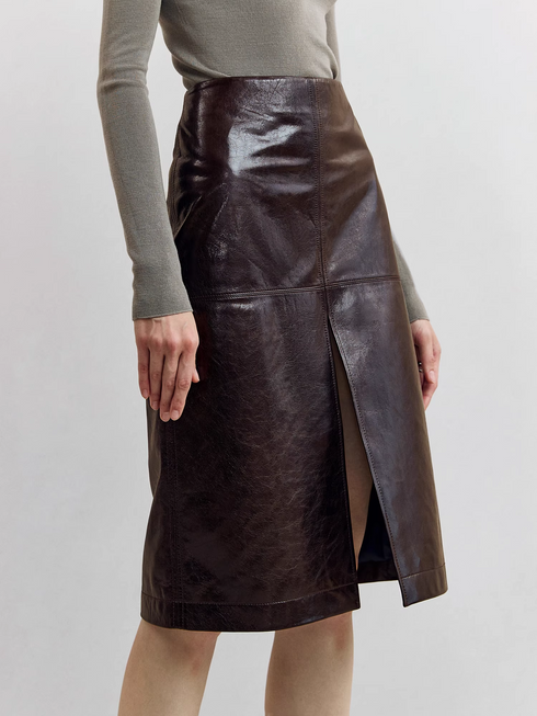 European Vegetable-Tanned Oiled Sheepskin Pencil Skirt | Split Hem Cross-Panel Leather Midi Skirt