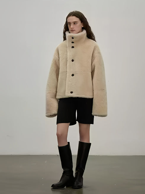 Reversible Moto Jacket for Women — Short Teddy Coat with New Zealand Sheepskin Shearling, Color-Block Suede & Premium PU Leather