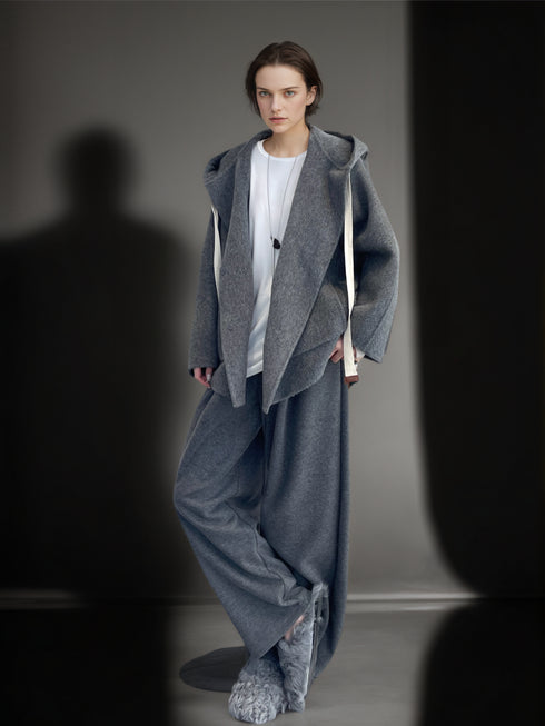 Women’s 100% Wool Hooded Coat | Loose Fit Double-Faced Woolen Cocoon Overcoat