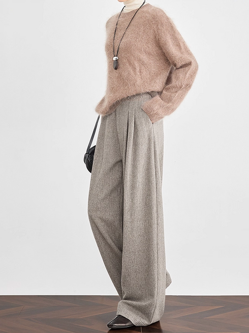 Women's Oatmeal Wide-Leg Wool Trousers – Premium Draped Wool-Blend Suit Pants for Winter