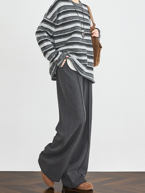 Women's High-Waist White Acetate-Wool Casual Pants – Extended Draped Floor-Length Loose Straight Trousers for Winter