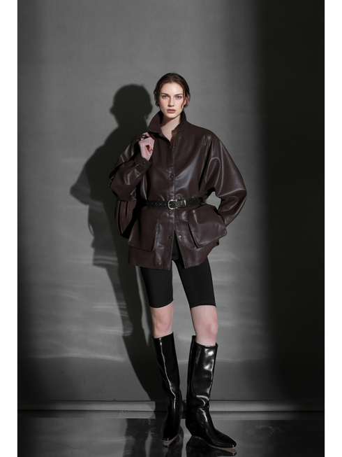 Chic Oversized Leather Jacket for Women – Premium Lambskin Commuter Coat with Large Pockets, Autumn Fashion