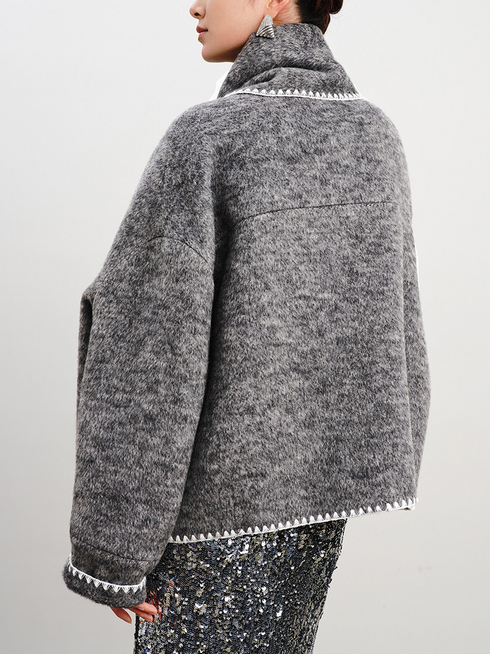 Women's Short Wool Reversible Coat | Premium Grey Cashmere Overcoat