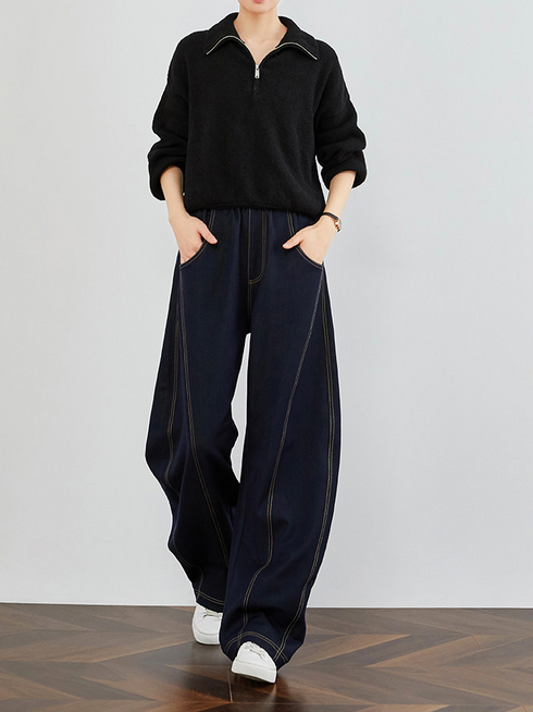 High-Quality Faux Denim Women's Loose Fit Banana Jeans – Elastic Waist Tall Extended Wide-Leg Scythe Pants