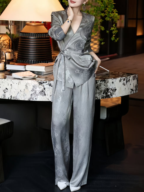 Sophisticated Autumn Professional Set – Chinese-Inspired Viscose Jacquard Tie-Waist Suit