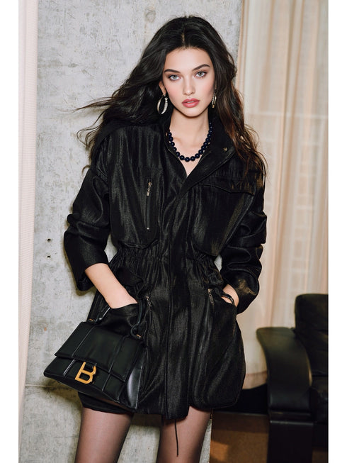 Lustrous Silk Brocade Coat – Stand Collar, Waist-Cinching with Structural Pockets