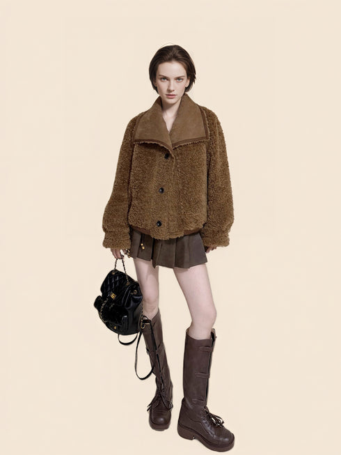 Reversible Suede-Finish Coat for Women – Faux Shearling Lined Winter Short Jacket with Lapel Collar