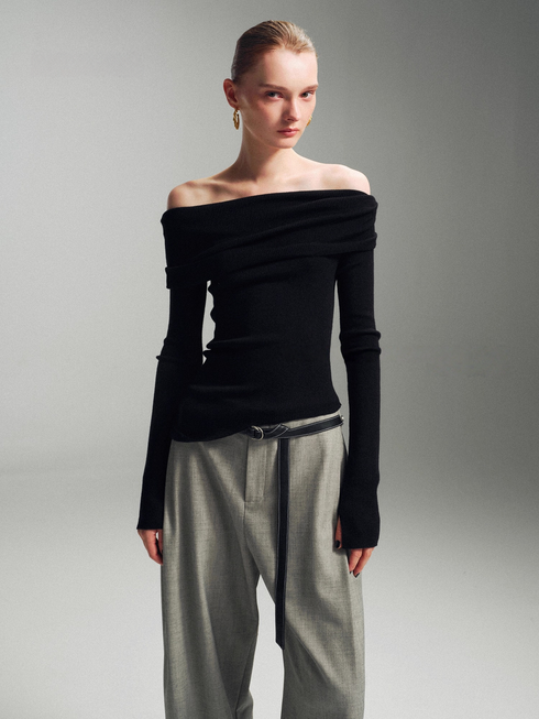 Pure Wool Fine-Rib Off-Shoulder Drape Neck Knit Top for Women – Elegant Spring/Fall Sweater