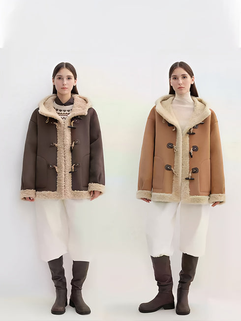Color-Contrast Shearling Hooded Coat for Women — Mid-Length Faux Sheepskin Jacket with Raw-Edge Trim