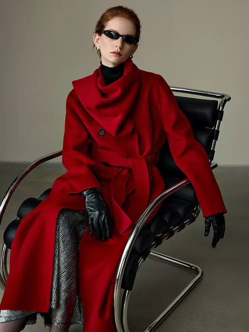 Cape-Style Christmas Red Double-Faced Wool Coat for Women – Elegant Long Scarf-Collar Woolen Overcoat