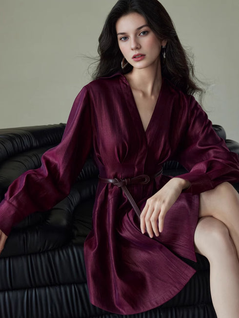 Lustrous Jacquard Satin Shirt Dress for Women – Belted Waist A-Line Mini Dress with Refined Sheen