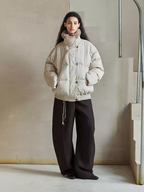 Thickened Winter Sherpa-Trim Stand Collar Down Jacket for Women – Warm Oversized Puffer Coat