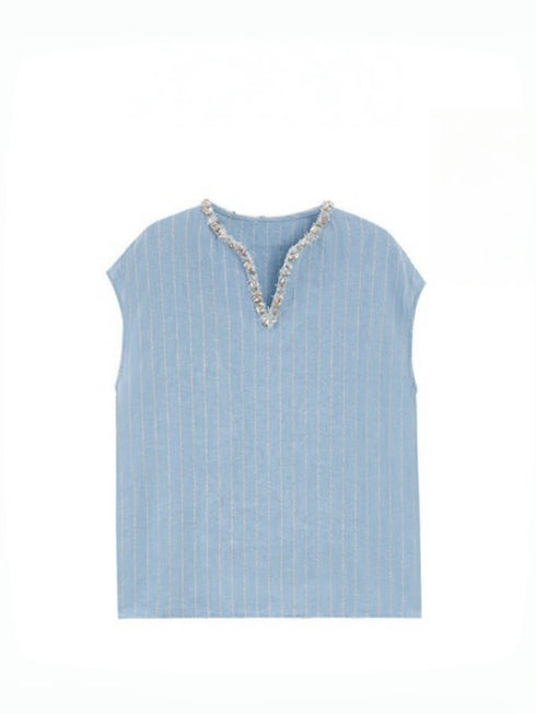 Luxury Linen Striped Shirt – Handcrafted Loose Fit Casual Shirt with Gold Glitter Collar for Women