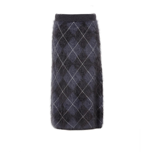 Heavyweight Brushed Knit Vintage Diamond-Pattern Midi Skirt for Women