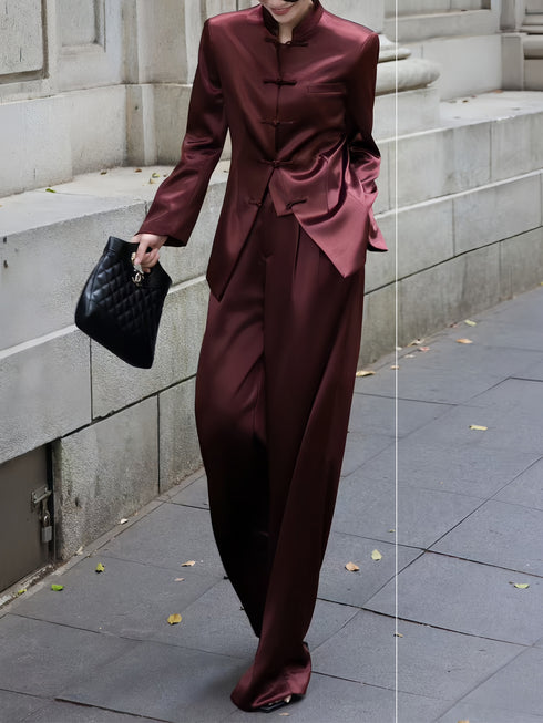 Elegant Acetate Blazer & Wide-Leg Pants Set – Autumn Two-Piece