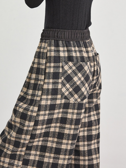Women's Winter Mocha Plaid Patchwork Wool Wide-Leg Pants – Draped Casual Loose Straight Trousers