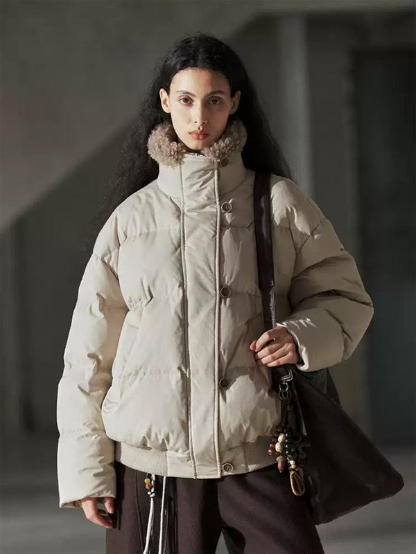 Thickened Winter Sherpa-Trim Stand Collar Down Jacket for Women – Warm Oversized Puffer Coat