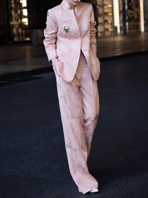 High-End Retro Jacquard Beaded Suit – Wide-Leg Pants Two-Piece Set