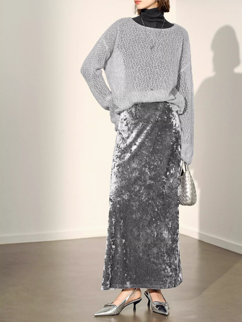 Elegant Purple Velvet Diamond-Touch High-Waist Midi Skirt for Women