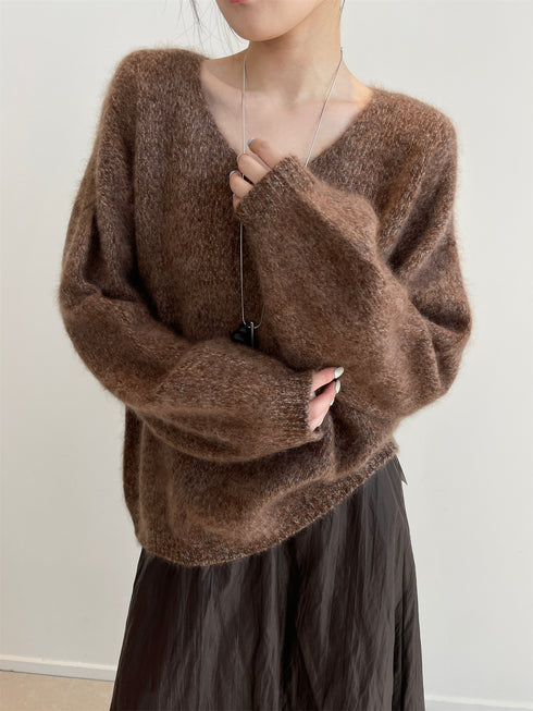 Women’s 100% Wool Brushed Knit Sweater | Seamless Two-Tone V-Neck Pullover with Soft Fuzzy Texture