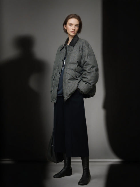 95% White Goose Down Lightweight Puffer Jacket for Women with Leather-Trim Collar and Relaxed MIU-Inspired Design