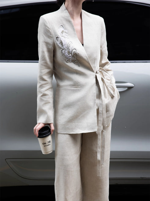 Haute Couture Linen Embroidered Tie-Waist Suit – Women’s Autumn Professional Two-Piece Set