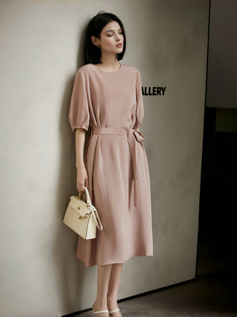 Heavy Crepe Silk Dress – 30 Momme Mulberry Silk, Tie Waist & Elegant Short Sleeves
