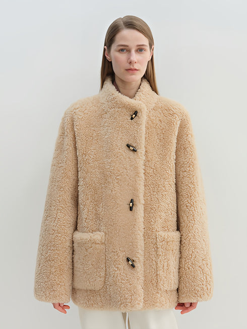 Stand-Collar Textured 100% Wool Shearling Coat for Women — Mid-Length Faux Sheepskin Outerwear