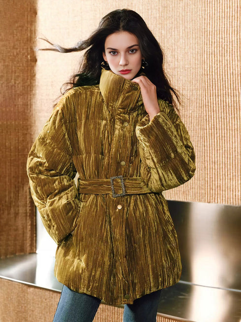 Ripple-Pattern Crinkled Velvet Down Coat for Women – High-Warmth 90% White Duck Down Stand-Collar Belted Puffer Jacket