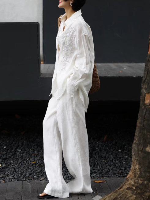 High-Fashion Tailored Linen Set – Heavy Embroidery & Beaded Loose Shirt & Wide-Leg Pants Two-Piece