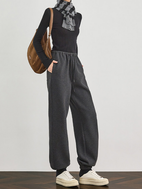 Yak Wool Air-Layer Gray Fleece-Lined Jogger Sweatpants for Women — Thickened Relaxed-Fit Casual Sports Pants