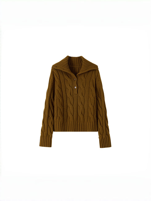 Sculptural Cable Knit Series Autumn/Winter Essential Pure Wool Yarn Chunky Knit Polo Sweater – Oversized Silhouette