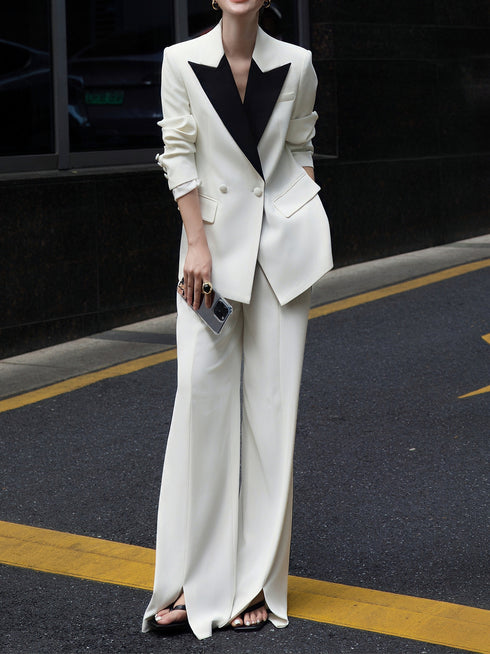 Business Professional Women's Suit Set | High-End Black and White Color Block Blazer & Wide-Leg Trousers - Elegant Formal Two-Piece Outfit