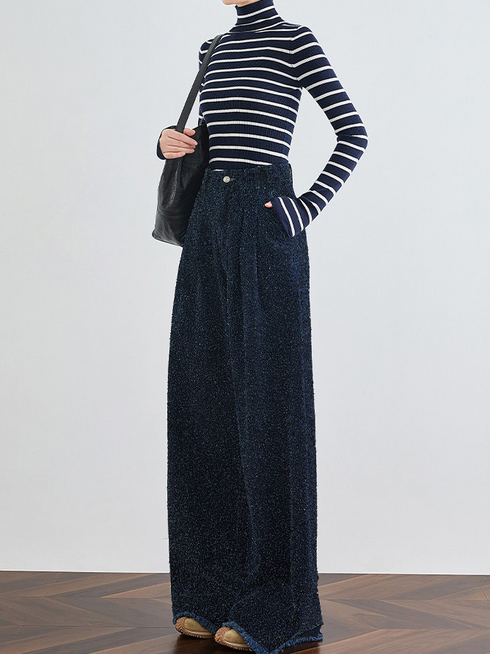 Women's Dark Blue High-Waist Wide-Leg Jeans – Extended Length Frayed Hem Floor-Length Denim Pants for Tall