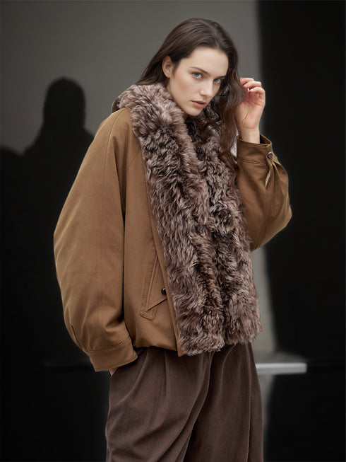 Women’s Short Down Parka with Shearling and Fur Collar | 90% White Goose Down Winter Coat
