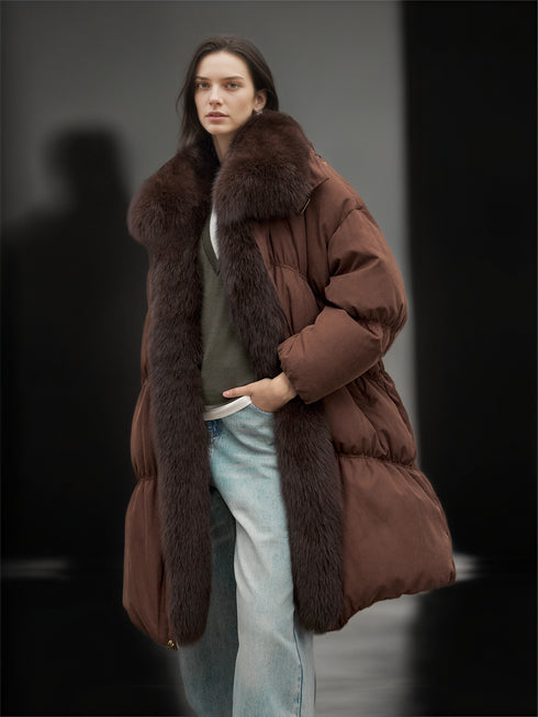 Women’s Mid-Length Down Coat with Fox Fur Hood | 90% White Goose Down Winter Jacket