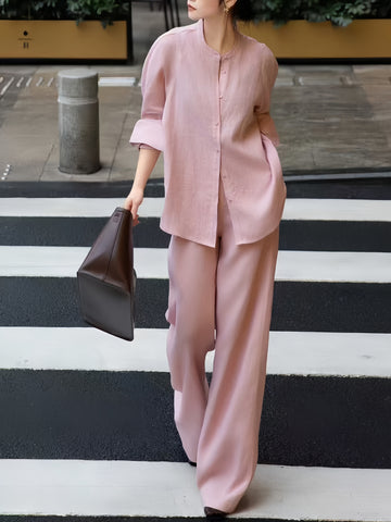 Resort Style Elegant Youthful Shirt Set with a Sense of Sophistication100Linen loose top and long pants two-piece set