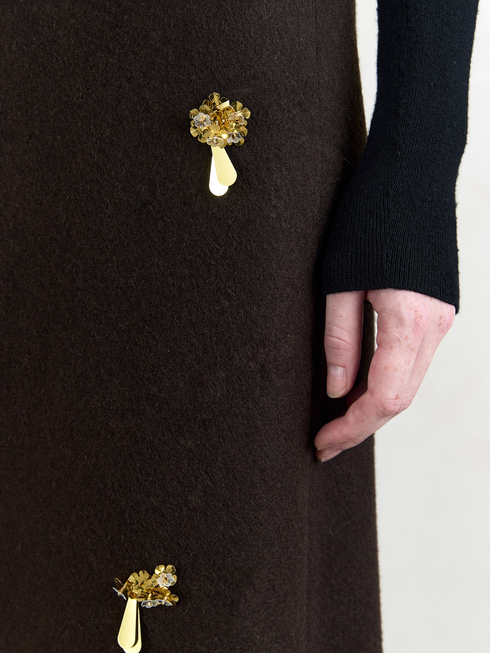 French Holiday Style Beaded Bias-Cut Wool Midi Skirt for Women – Slimming A-Line Design