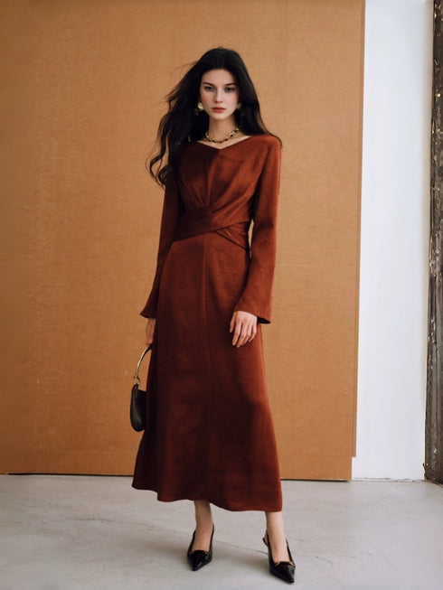 Luxury Shiny Bubble Satin Ruched Wrap Dress for Women – Hand-Pleated Tie-Waist Slim Fit Elegant Outfit