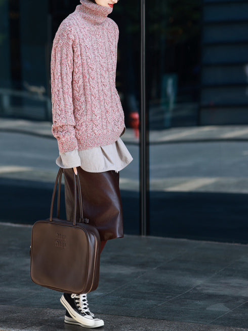 Raspberry Tonal Merino Wool Sweater – Ultra-Soft Melange Knit High-Neck Pullover