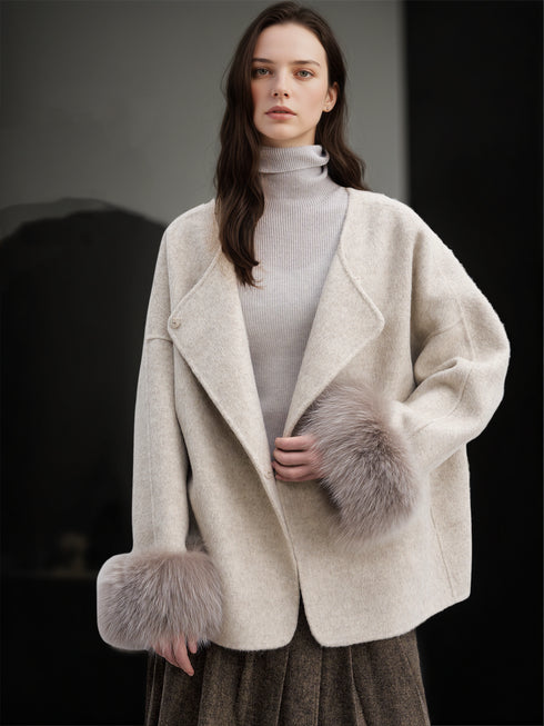 Women’s Short Double-Faced Wool Coat with Fox Fur Cuffs | Loose Fit Alpaca Blend Jacket