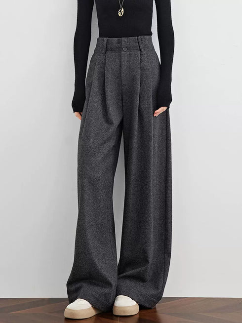 Women's Gray Wool Wide-Leg Pants – Draped Straight-Leg Casual Suit Trousers for Fall, Influencer Favorite