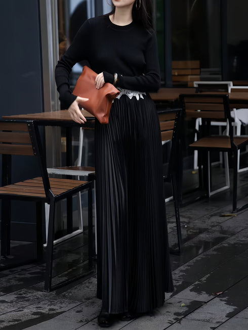 Elegant Designer Pleated Dress – Knit Patchwork Embroidery Slim Fit Luxury Midi Dress for Women