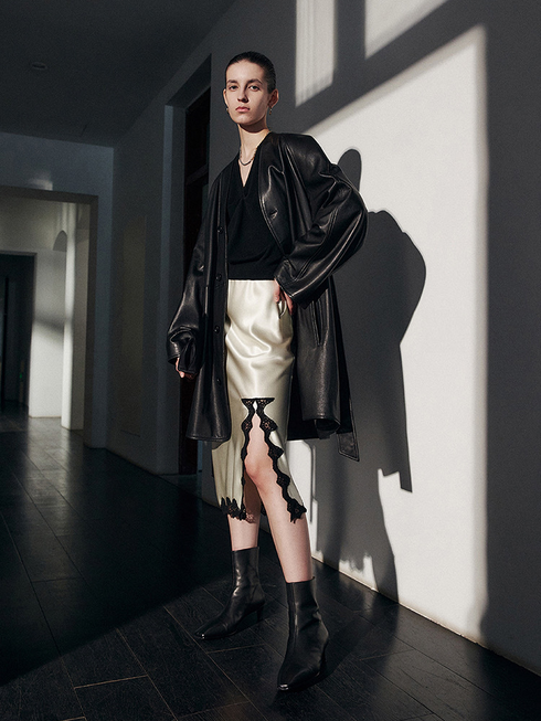 French Elegant Acetate Lace Slit Midi Skirt — Boudoir-Inspired Custom Craft Skirt for Women