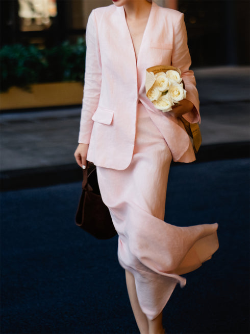 Casual Professional Set – Autumn Pink Linen Blazer & Skirt Two-Piece