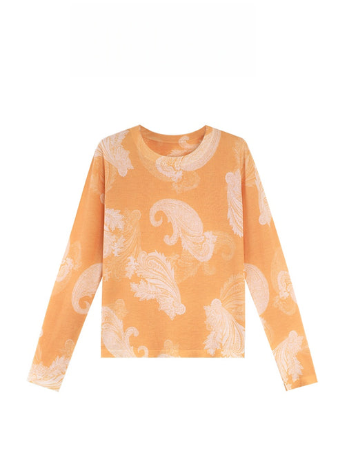Hand-Painted Cashew Flower Print Wool Sweater – 16-Gauge Fine Knit Pullover with Waist Floral Design for Women